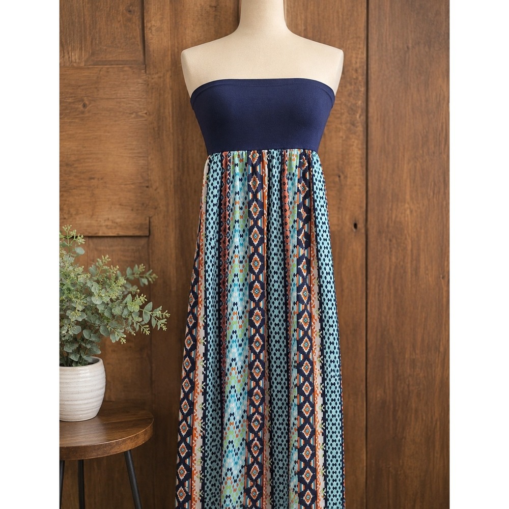 Strapless Navy Blue Geometric Print Maxi Dress Southwestern Boho Tube Top Sz SM